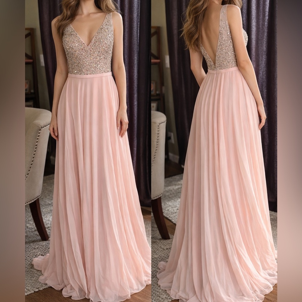 PromGirl Blush Pink Sequined V-Neck Prom Dress